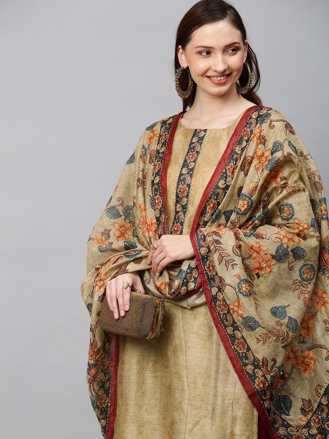 Ethnic Printed & Hand Embroidered Straight Kurta with Dupatta - Khaki - Indiakreations