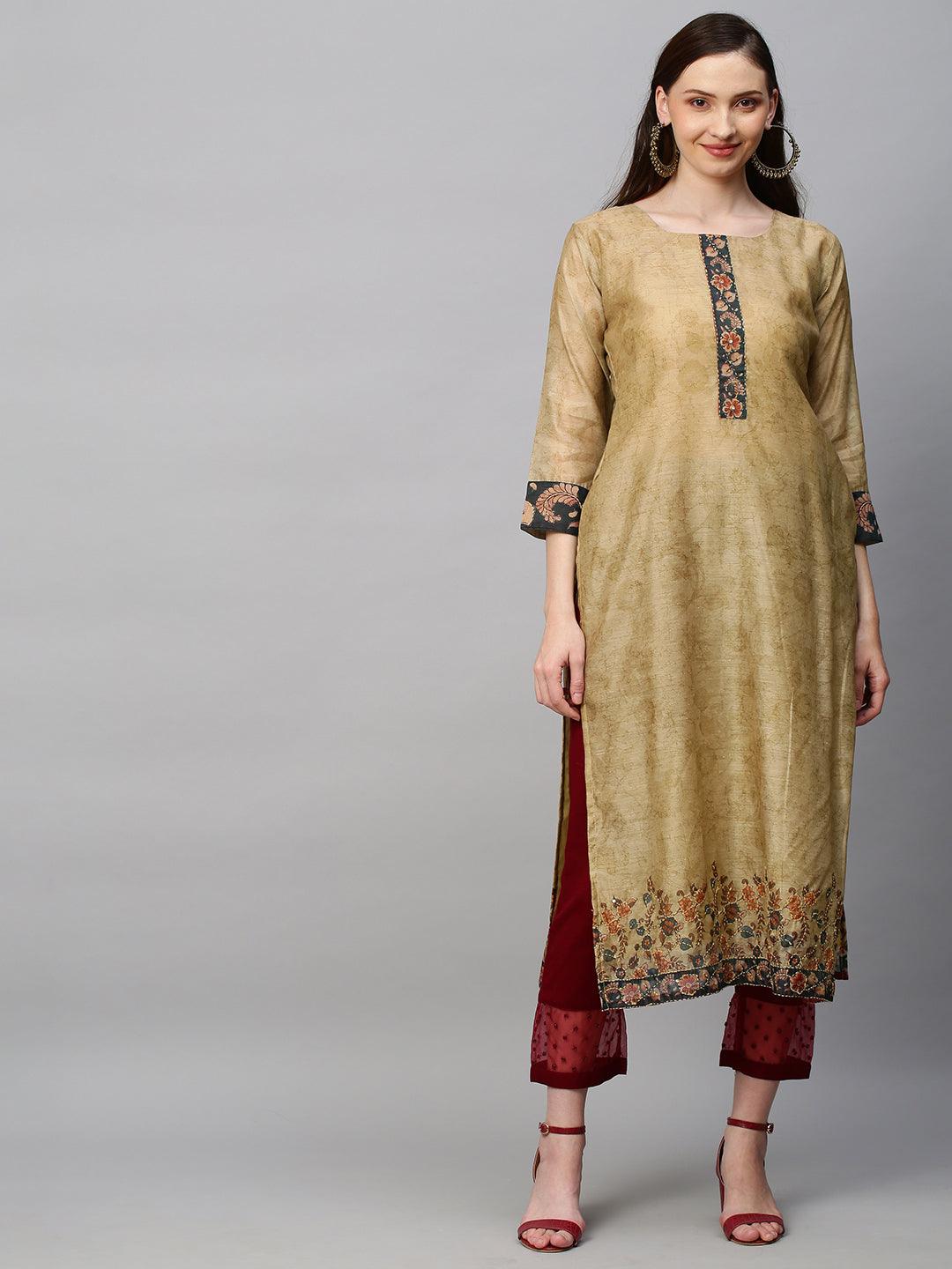 Ethnic Printed & Hand Embroidered Straight Kurta with Dupatta - Khaki - Indiakreations