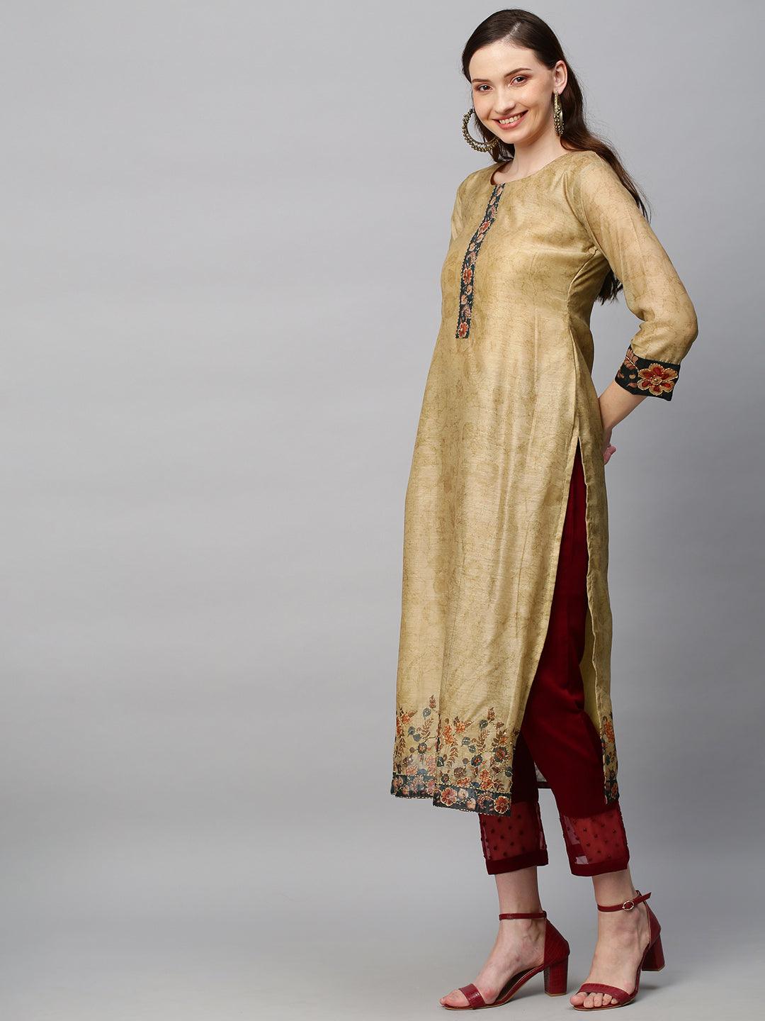 Ethnic Printed & Hand Embroidered Straight Kurta with Dupatta - Khaki - Indiakreations