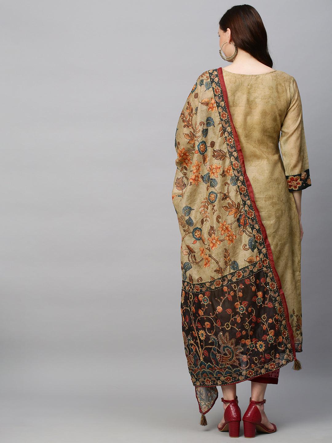 Ethnic Printed & Hand Embroidered Straight Kurta with Dupatta - Khaki - Indiakreations