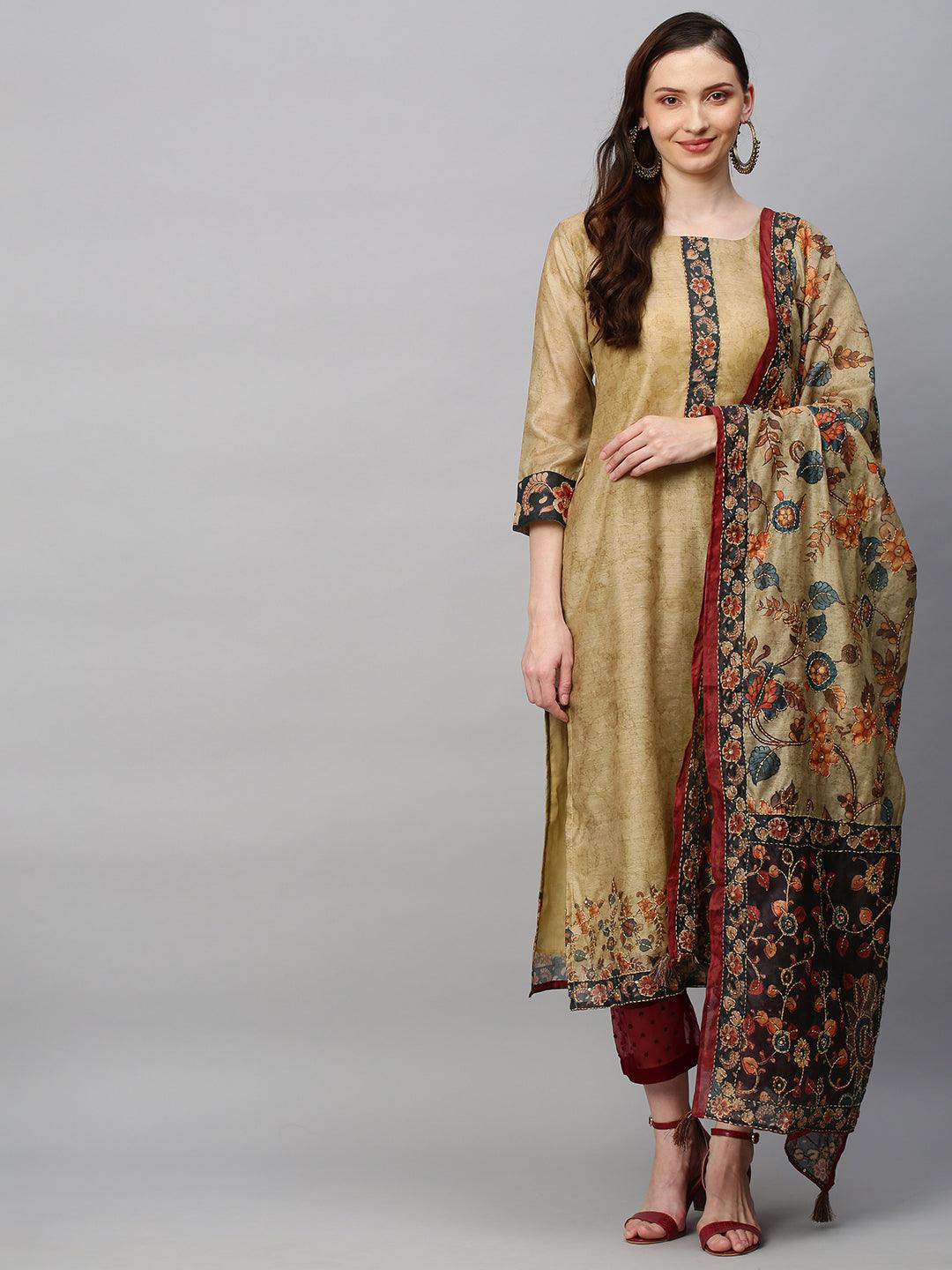 Ethnic Printed & Hand Embroidered Straight Kurta with Dupatta - Khaki - Indiakreations