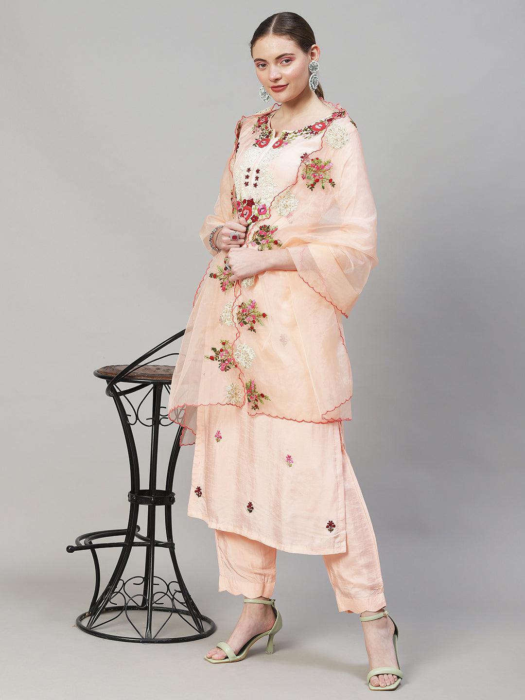 Floral Hand Embroidered Kurta with Pants & Dupatta - Peach - Indiakreations