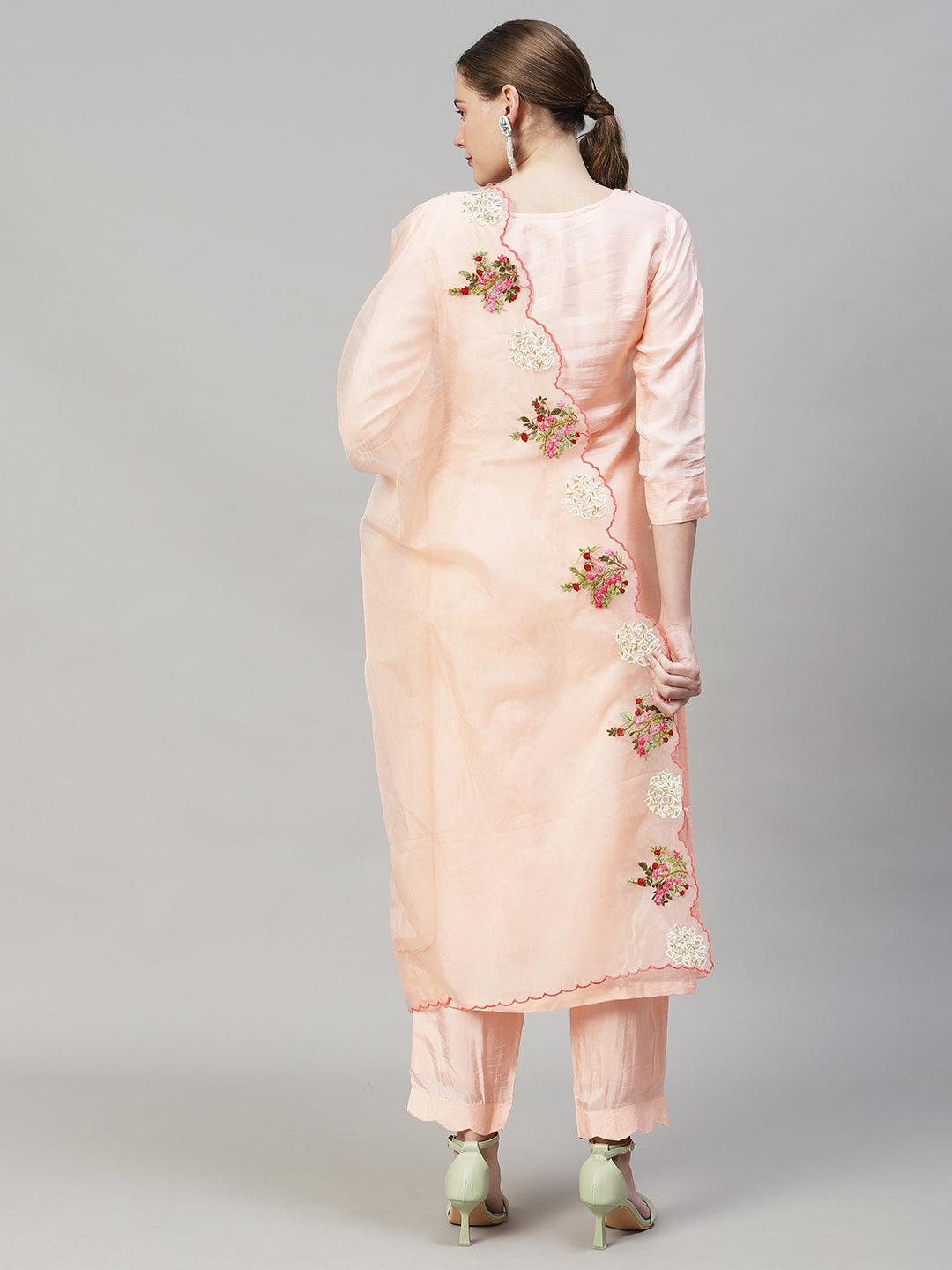 Floral Hand Embroidered Kurta with Pants & Dupatta - Peach - Indiakreations