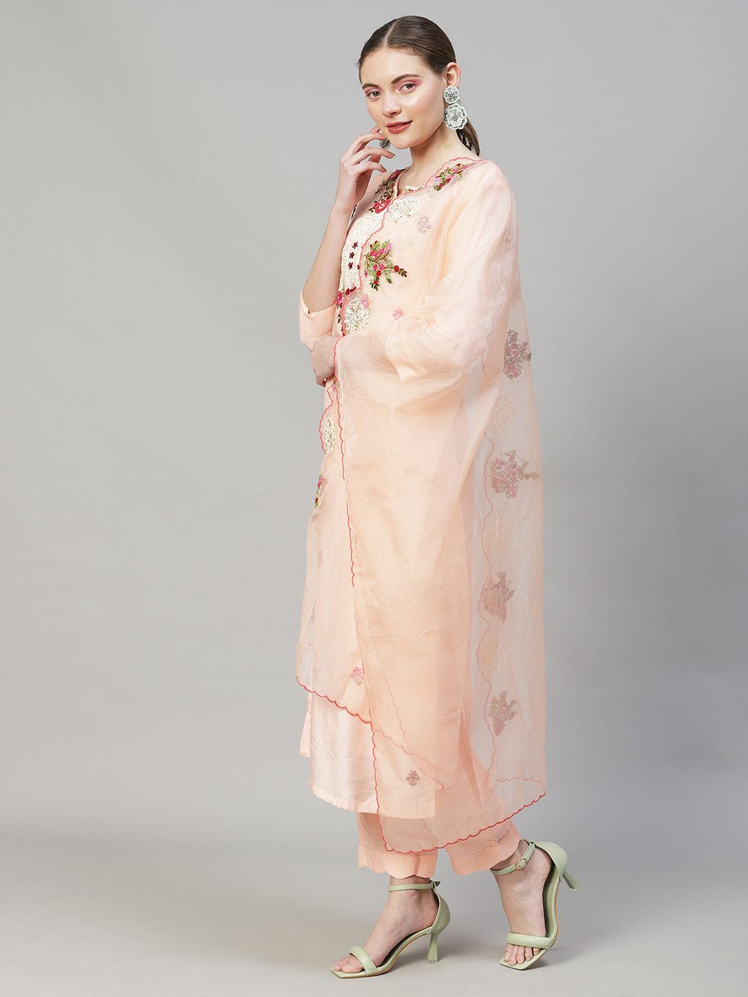 Floral Hand Embroidered Kurta with Pants & Dupatta - Peach - Indiakreations