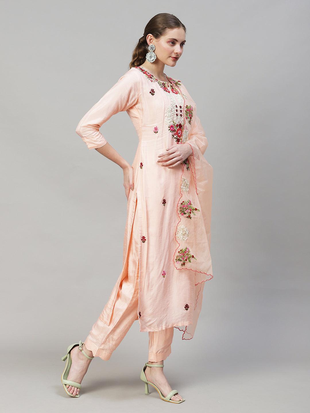 Floral Hand Embroidered Kurta with Pants & Dupatta - Peach - Indiakreations