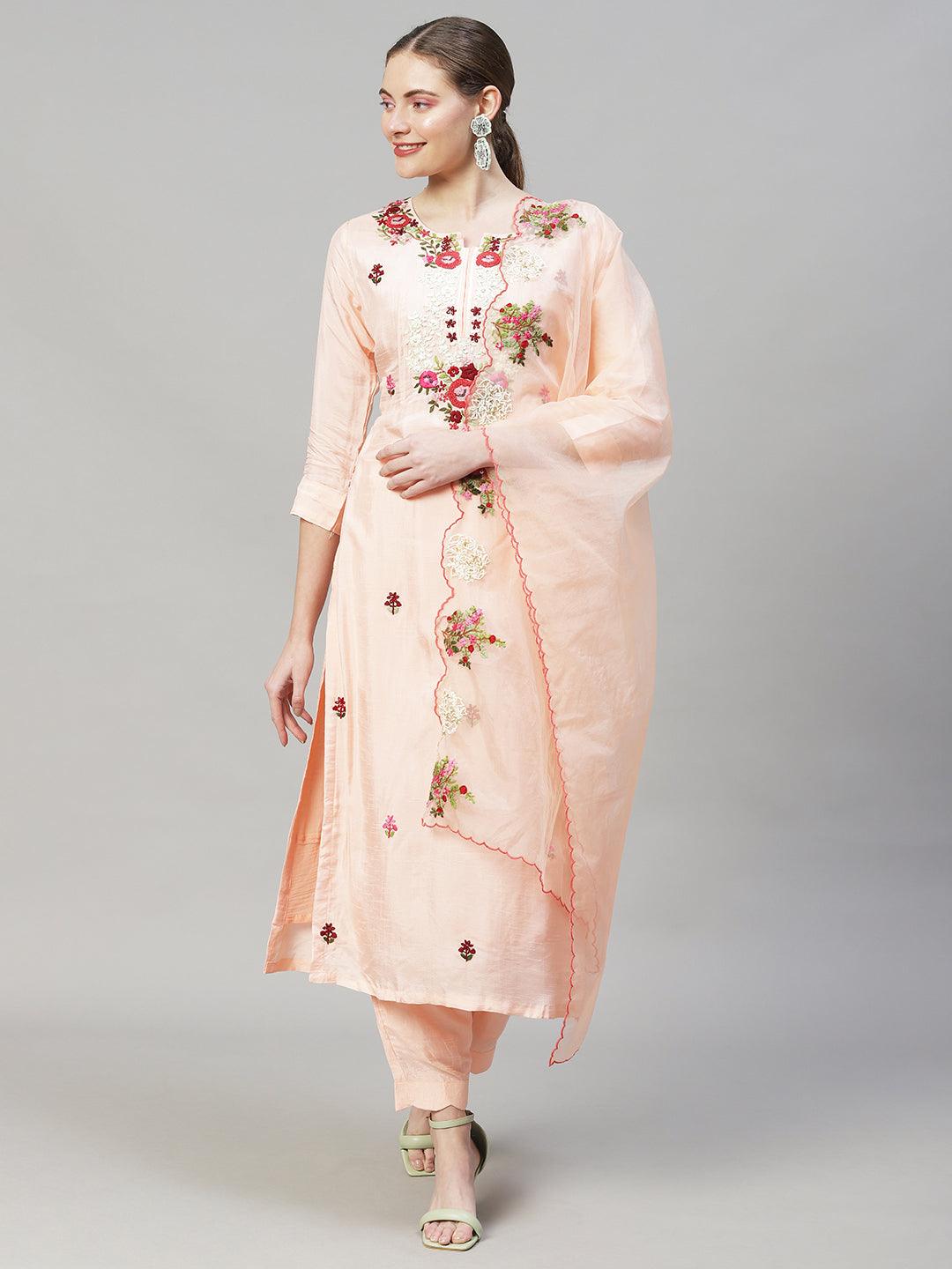 Floral Hand Embroidered Kurta with Pants & Dupatta - Peach - Indiakreations