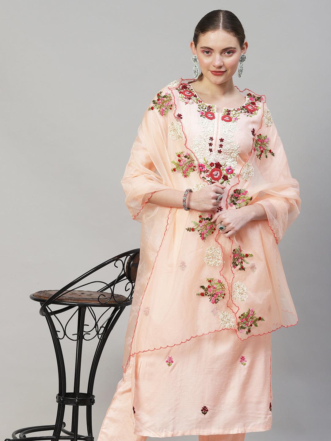 Floral Hand Embroidered Kurta with Pants & Dupatta - Peach - Indiakreations