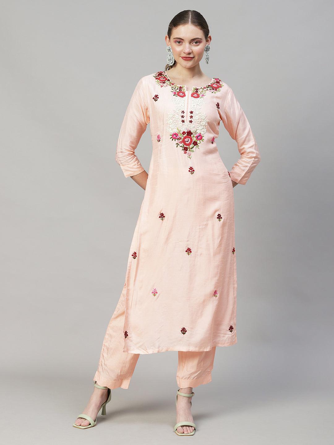 Floral Hand Embroidered Kurta with Pants & Dupatta - Peach - Indiakreations