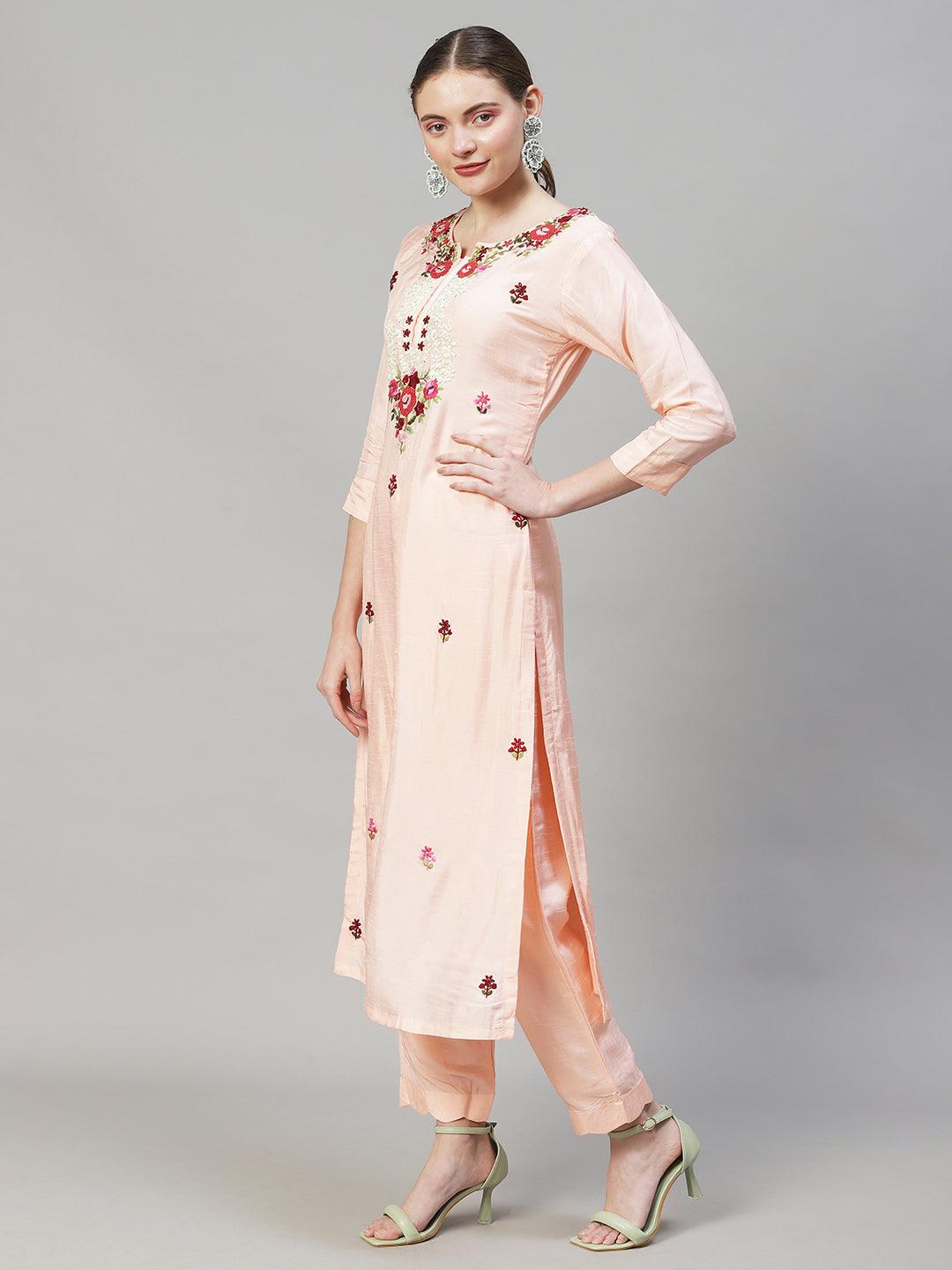 Floral Hand Embroidered Kurta with Pants & Dupatta - Peach - Indiakreations