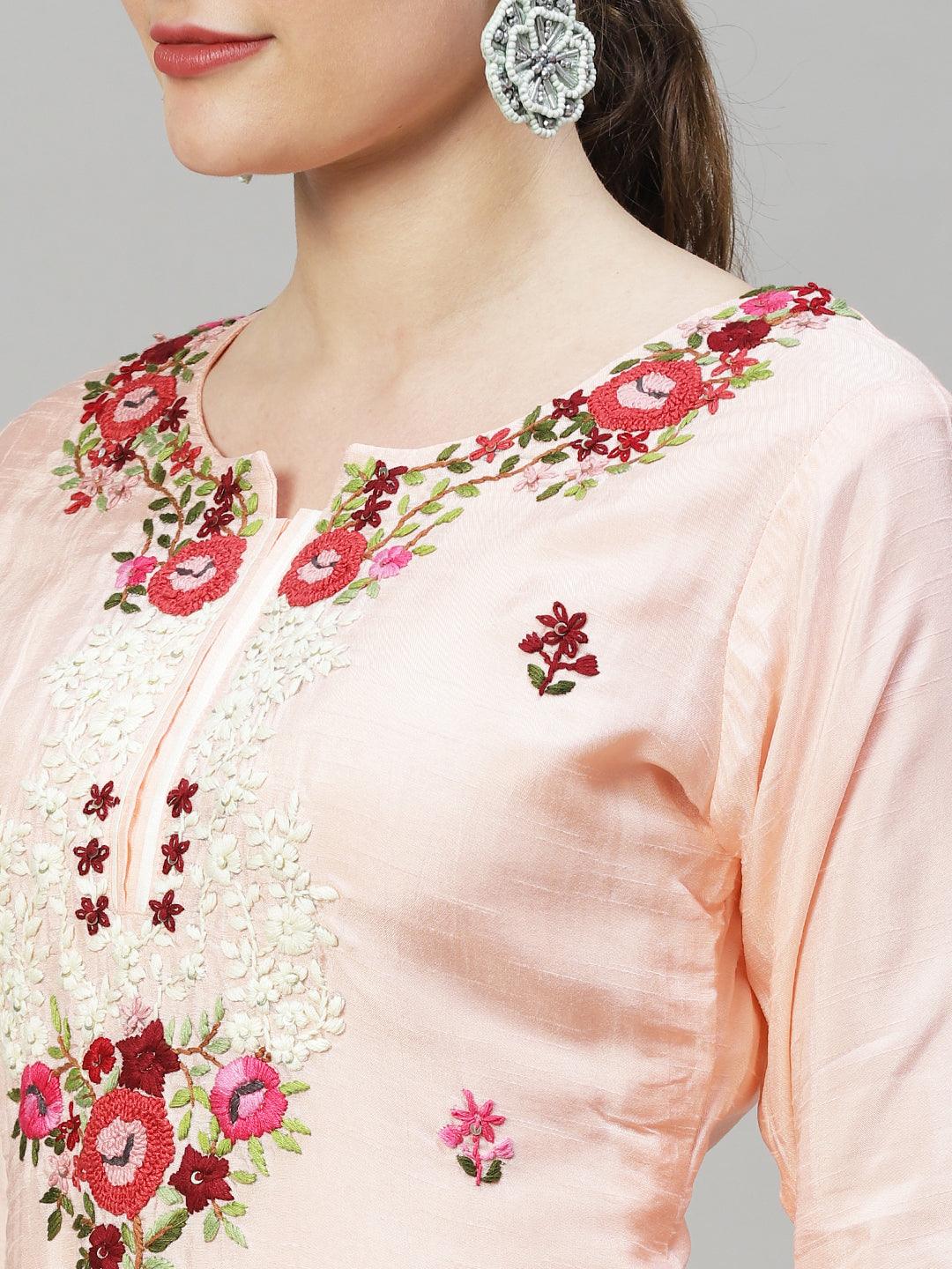 Floral Hand Embroidered Kurta with Pants & Dupatta - Peach - Indiakreations