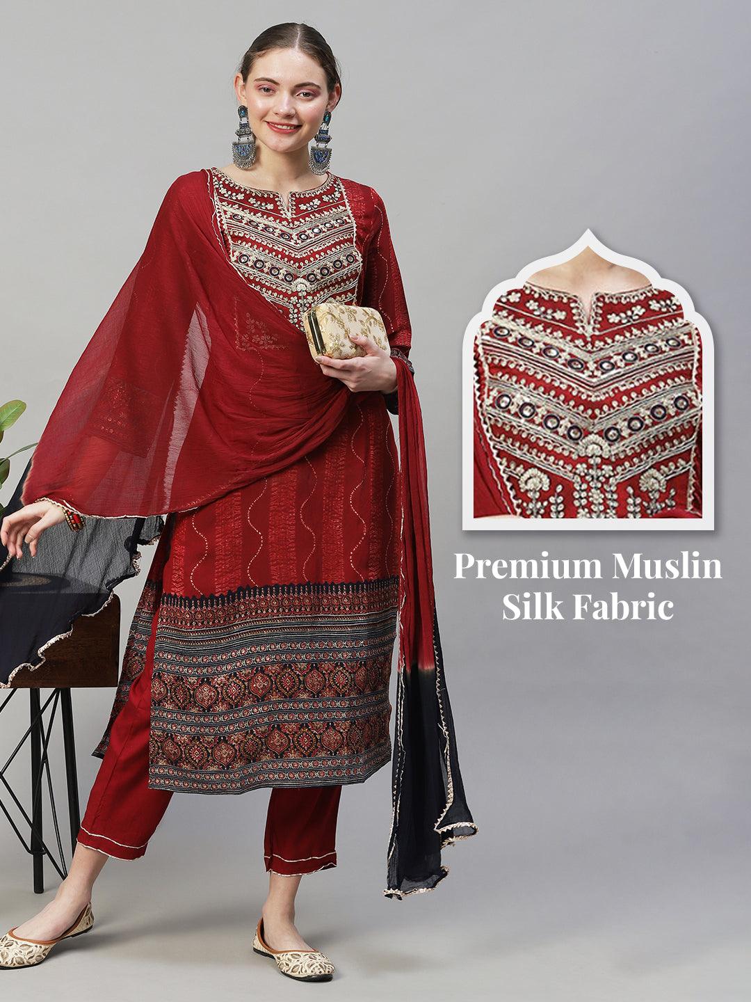 Ethnic Printed & Embroidered Straight Fit Kurta with Pants & Dupatta - Maroon - Indiakreations