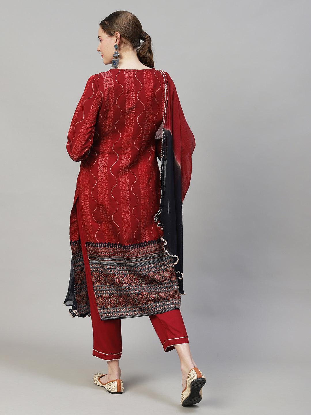 Ethnic Printed & Embroidered Straight Fit Kurta with Pants & Dupatta - Maroon - Indiakreations