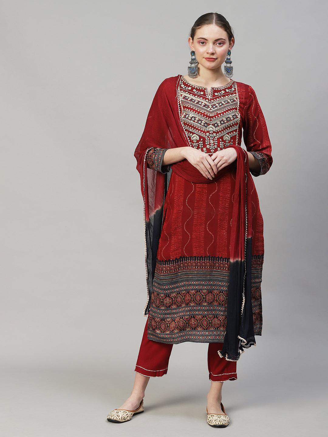 Ethnic Printed & Embroidered Straight Fit Kurta with Pants & Dupatta - Maroon - Indiakreations