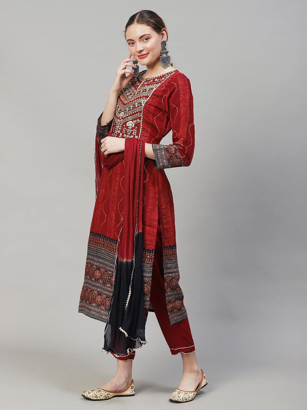 Ethnic Printed & Embroidered Straight Fit Kurta with Pants & Dupatta - Maroon - Indiakreations