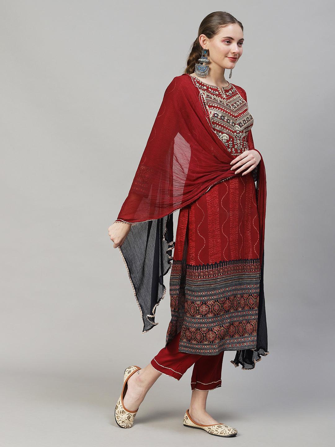 Ethnic Printed & Embroidered Straight Fit Kurta with Pants & Dupatta - Maroon - Indiakreations