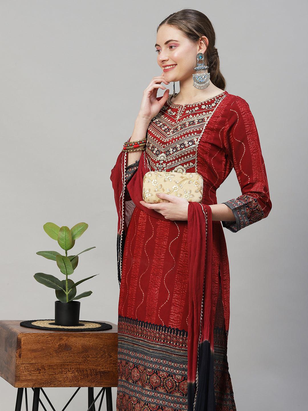 Ethnic Printed & Embroidered Straight Fit Kurta with Pants & Dupatta - Maroon - Indiakreations