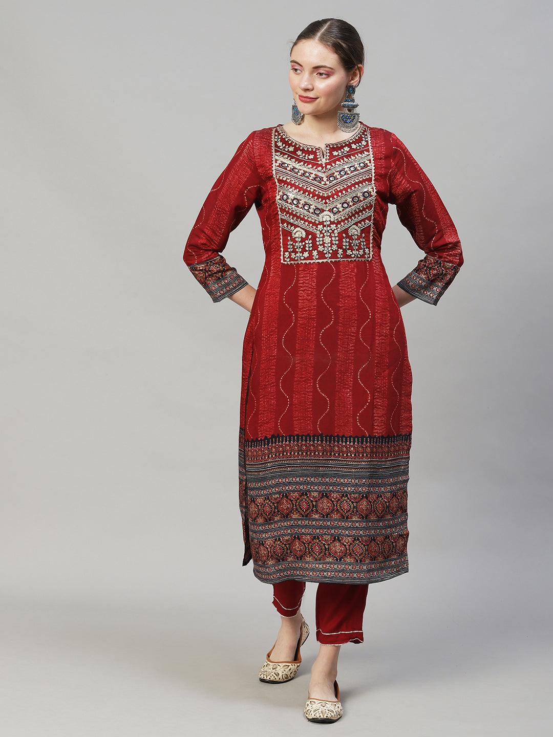 Ethnic Printed & Embroidered Straight Fit Kurta with Pants & Dupatta - Maroon - Indiakreations