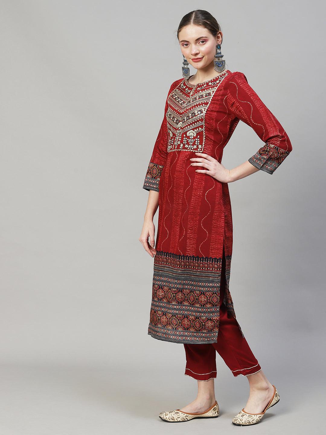 Ethnic Printed & Embroidered Straight Fit Kurta with Pants & Dupatta - Maroon - Indiakreations