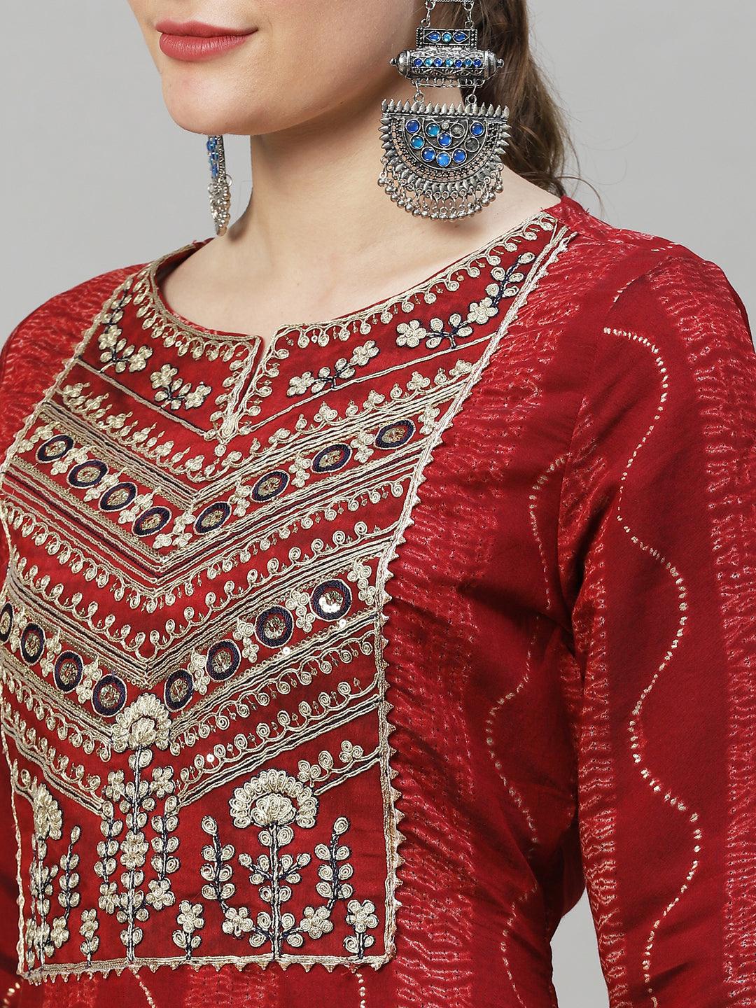 Ethnic Printed & Embroidered Straight Fit Kurta with Pants & Dupatta - Maroon - Indiakreations