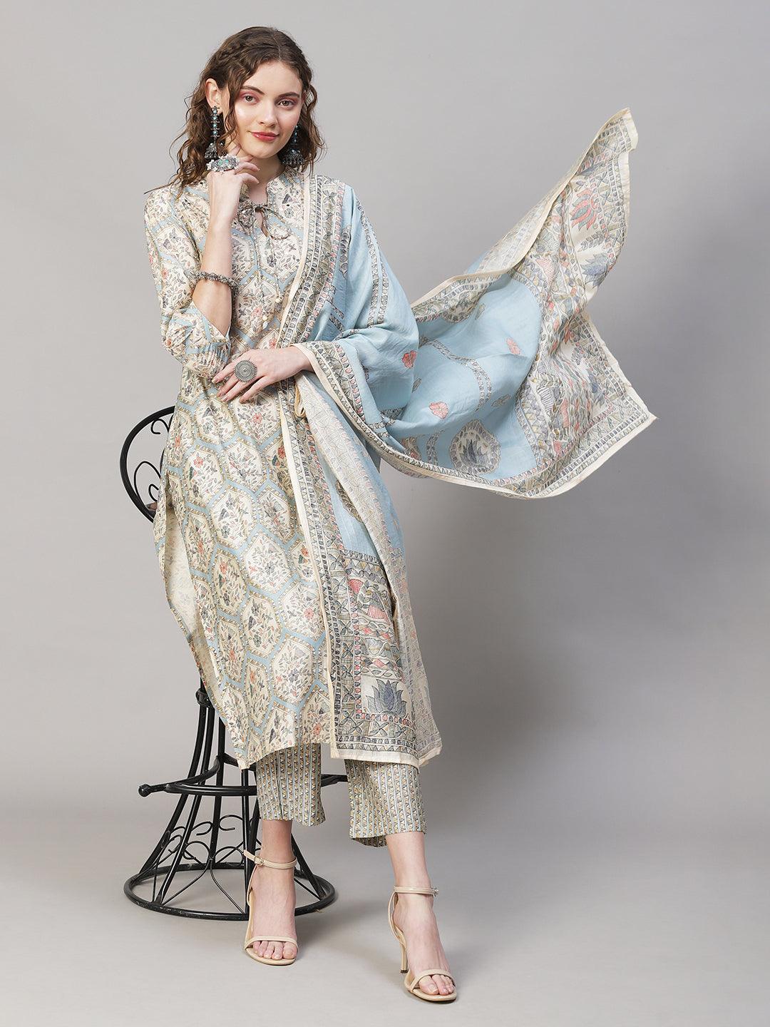 Floral Printed & Embroidered Kurta with Pants & Dupatta - Powder Blue - Indiakreations