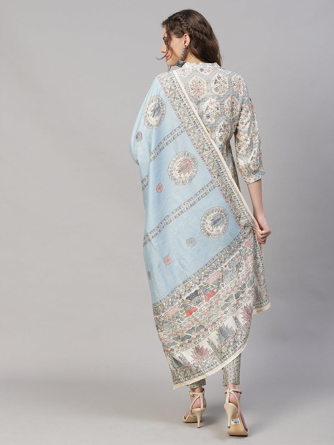 Floral Printed & Embroidered Kurta with Pants & Dupatta - Powder Blue - Indiakreations