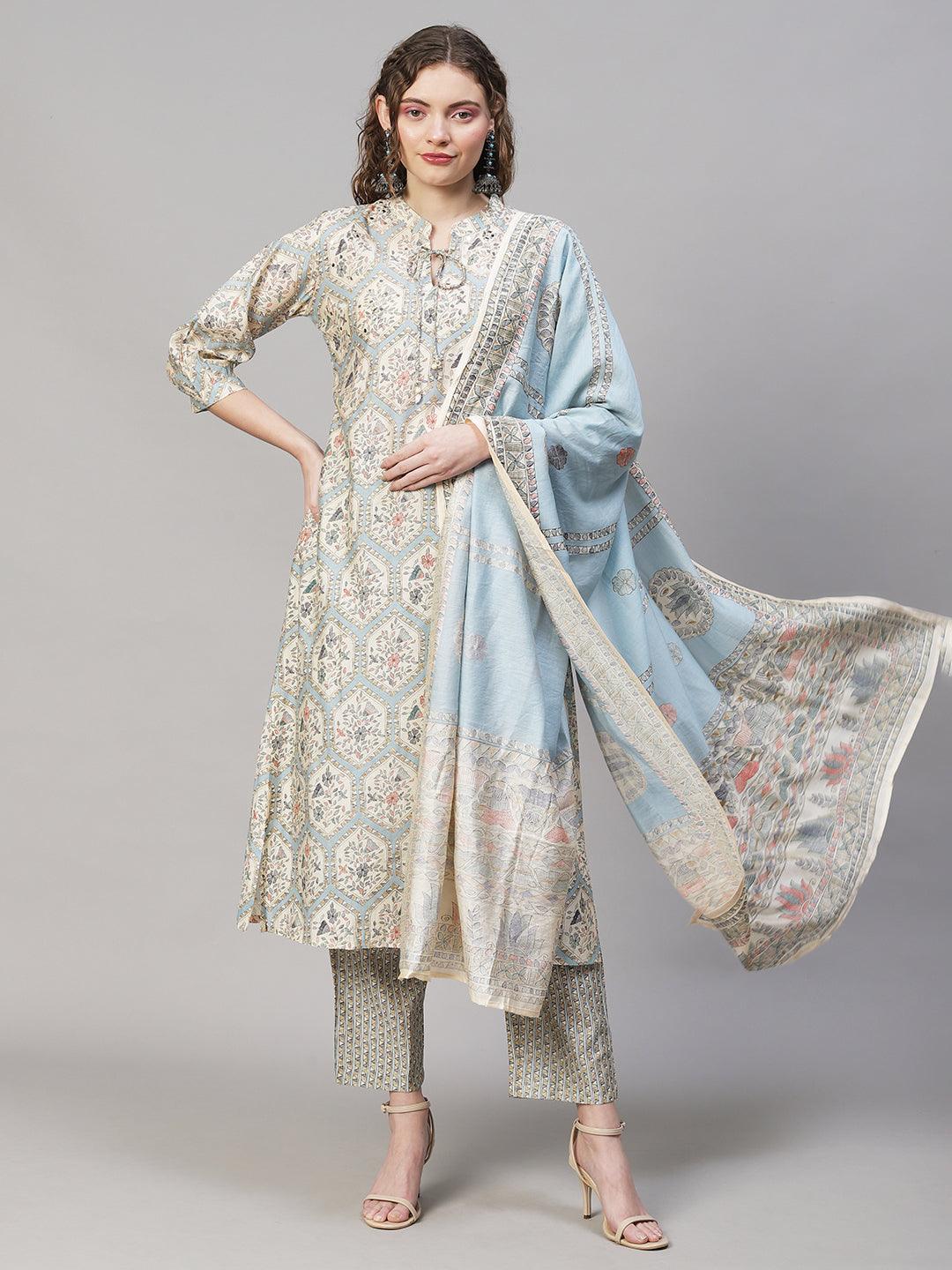 Floral Printed & Embroidered Kurta with Pants & Dupatta - Powder Blue - Indiakreations