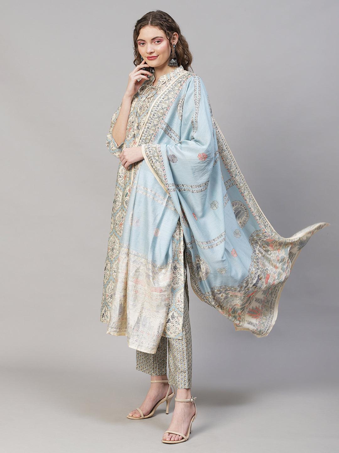 Floral Printed & Embroidered Kurta with Pants & Dupatta - Powder Blue - Indiakreations