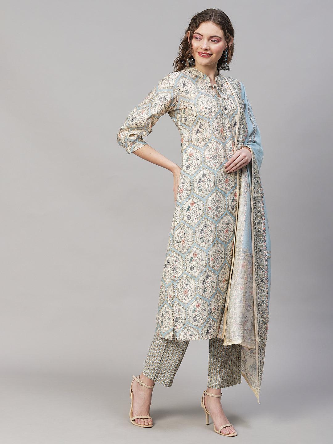 Floral Printed & Embroidered Kurta with Pants & Dupatta - Powder Blue - Indiakreations