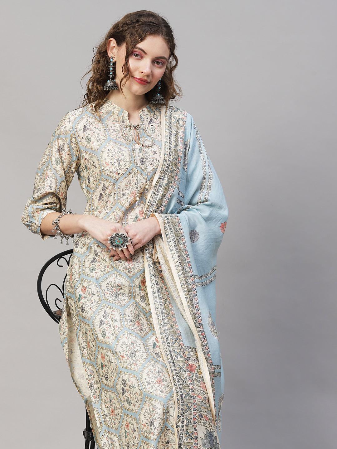 Floral Printed & Embroidered Kurta with Pants & Dupatta - Powder Blue - Indiakreations