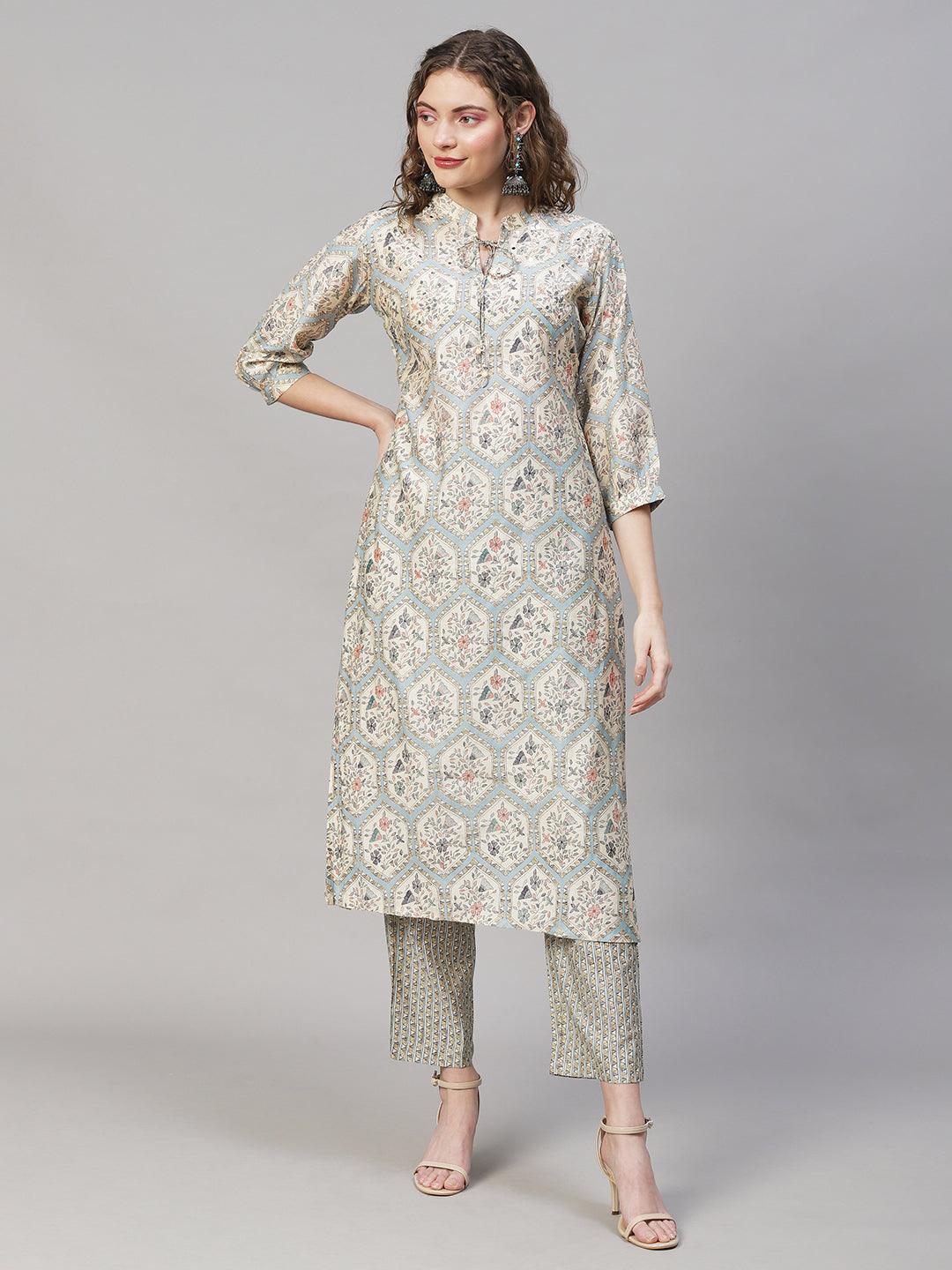 Floral Printed & Embroidered Kurta with Pants & Dupatta - Powder Blue - Indiakreations