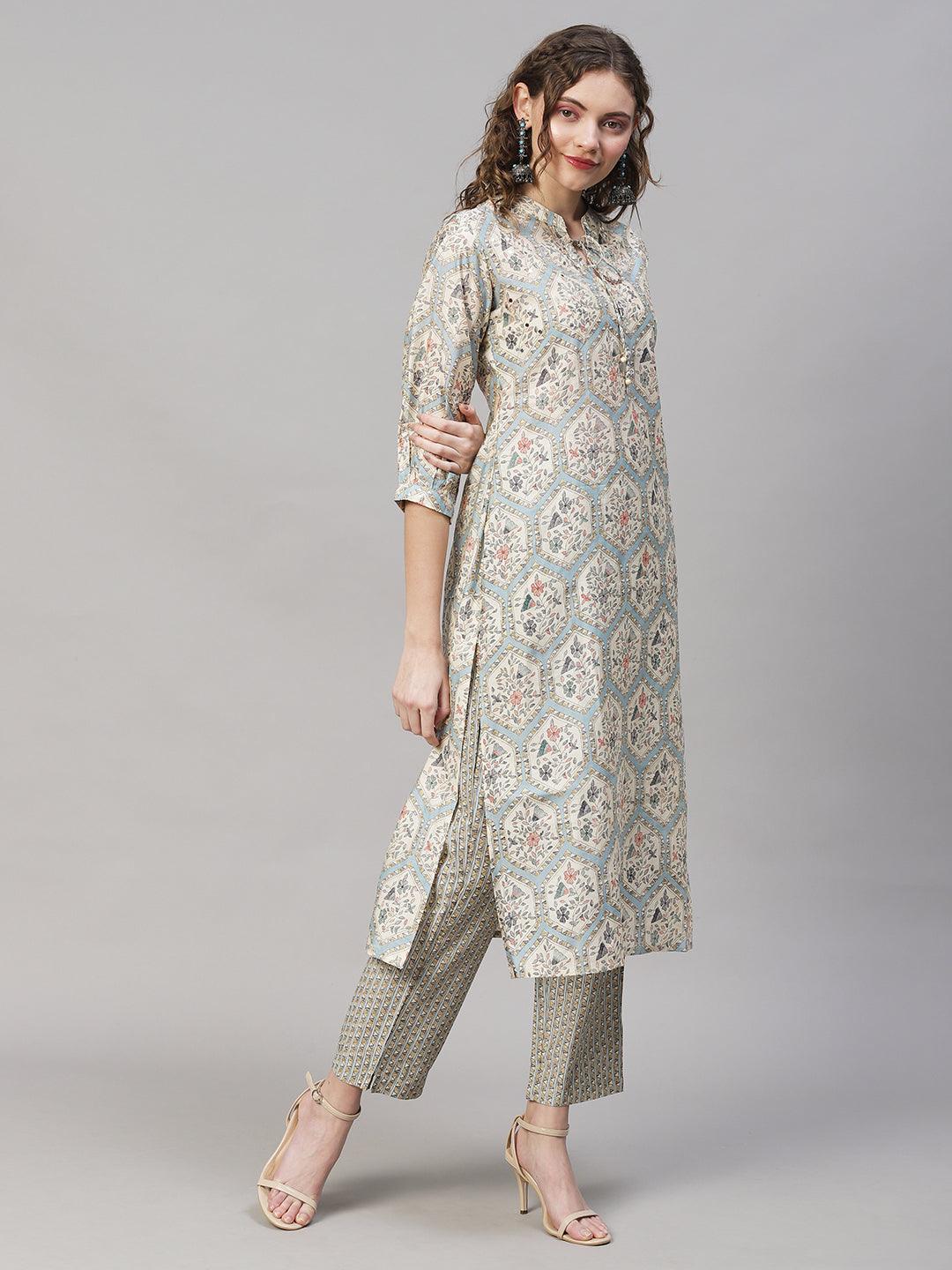 Floral Printed & Embroidered Kurta with Pants & Dupatta - Powder Blue - Indiakreations