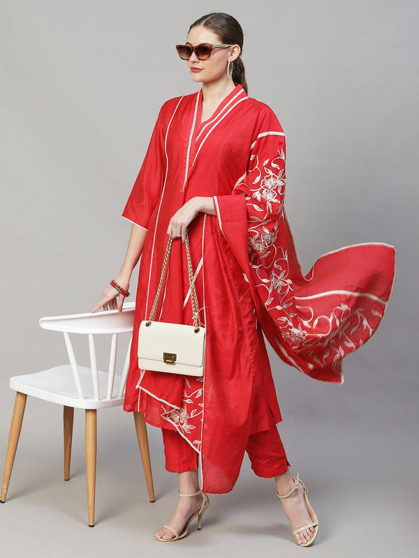 Ethnic A-Line Kurta with Pants & Dupatta - Red - Indiakreations