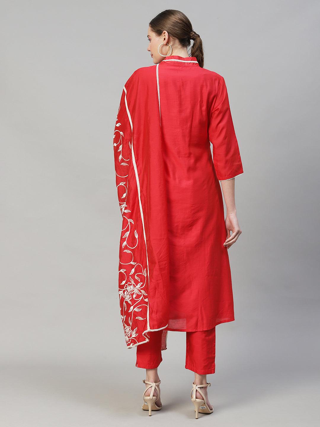 Ethnic A-Line Kurta with Pants & Dupatta - Red - Indiakreations