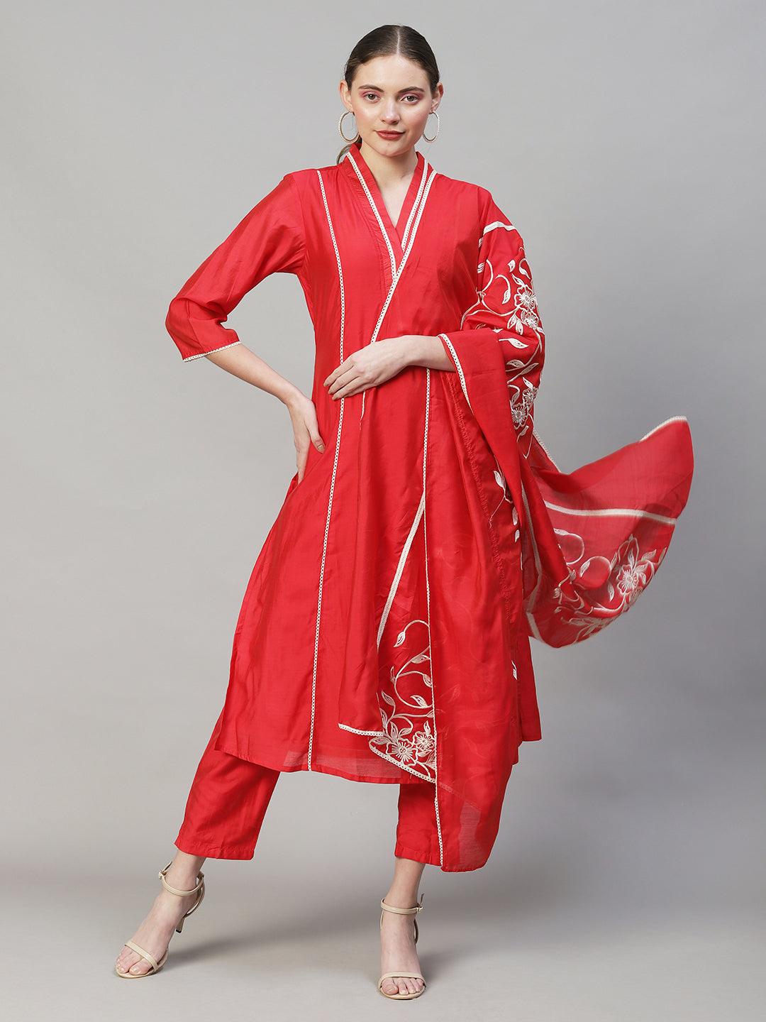 Ethnic A-Line Kurta with Pants & Dupatta - Red - Indiakreations