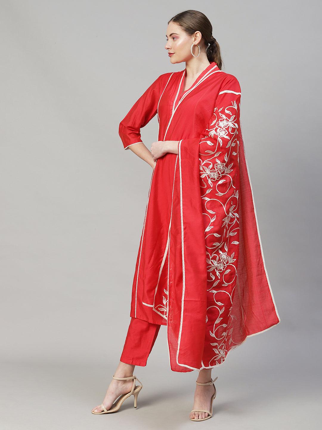 Ethnic A-Line Kurta with Pants & Dupatta - Red - Indiakreations