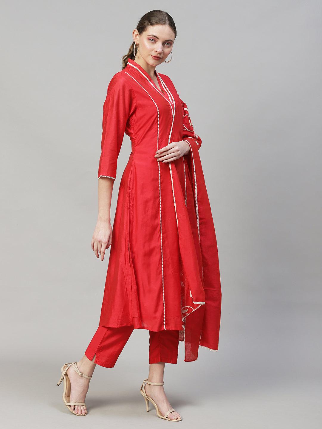 Ethnic A-Line Kurta with Pants & Dupatta - Red - Indiakreations