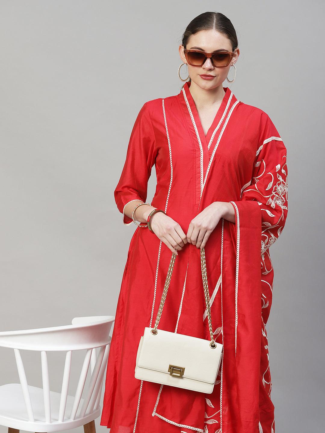 Ethnic A-Line Kurta with Pants & Dupatta - Red - Indiakreations