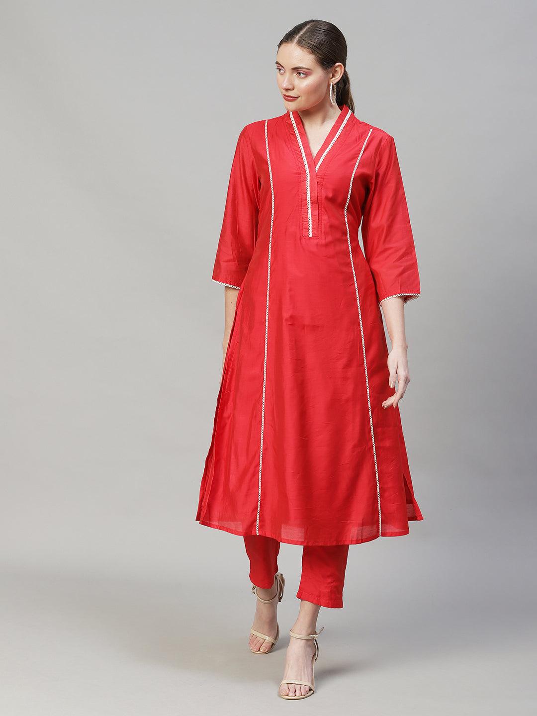 Ethnic A-Line Kurta with Pants & Dupatta - Red - Indiakreations