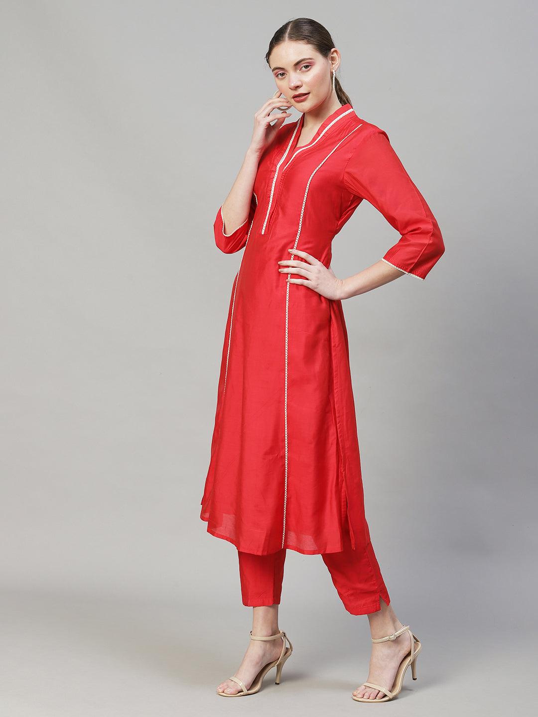 Ethnic A-Line Kurta with Pants & Dupatta - Red - Indiakreations