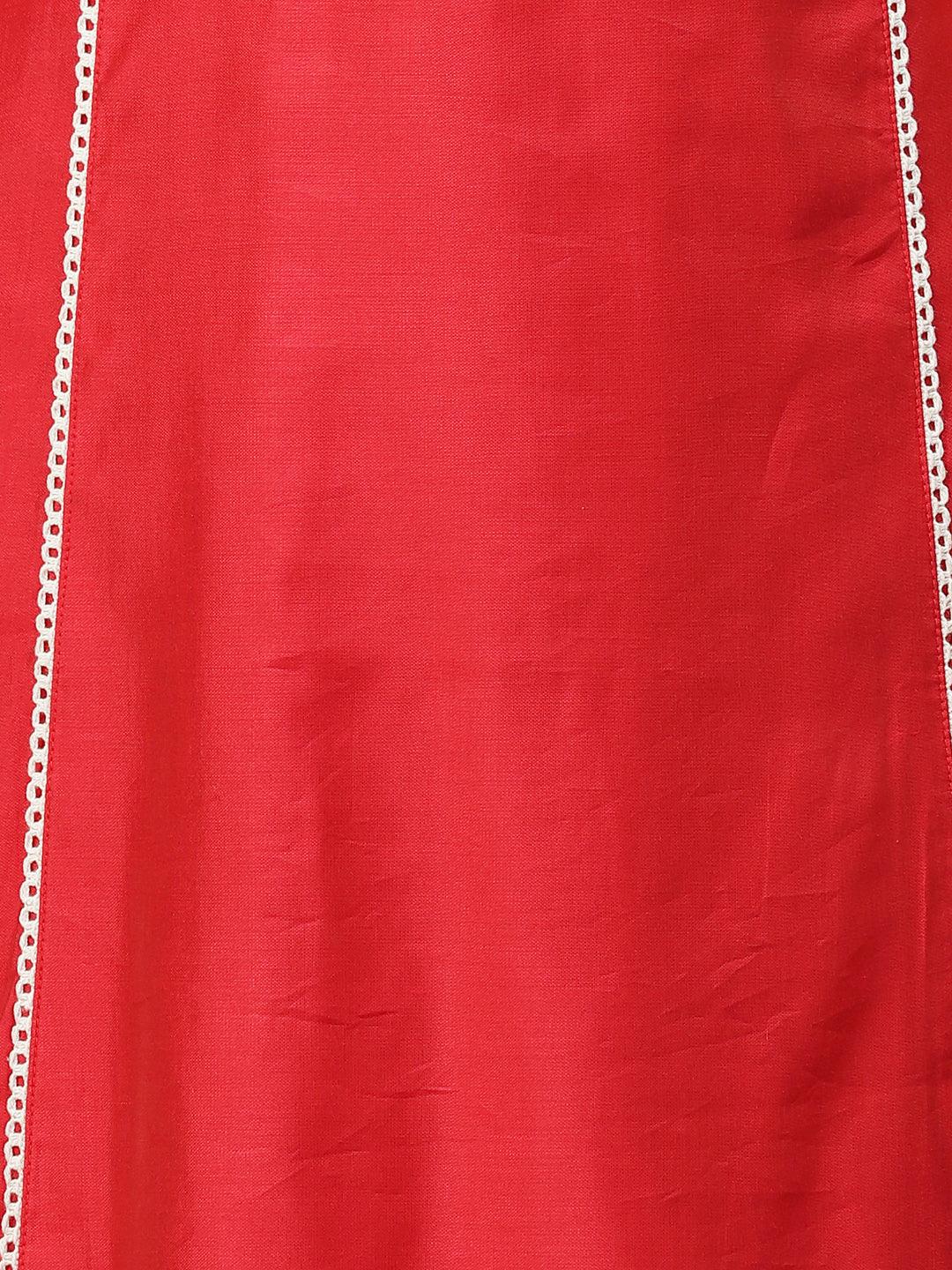 Ethnic A-Line Kurta with Pants & Dupatta - Red - Indiakreations