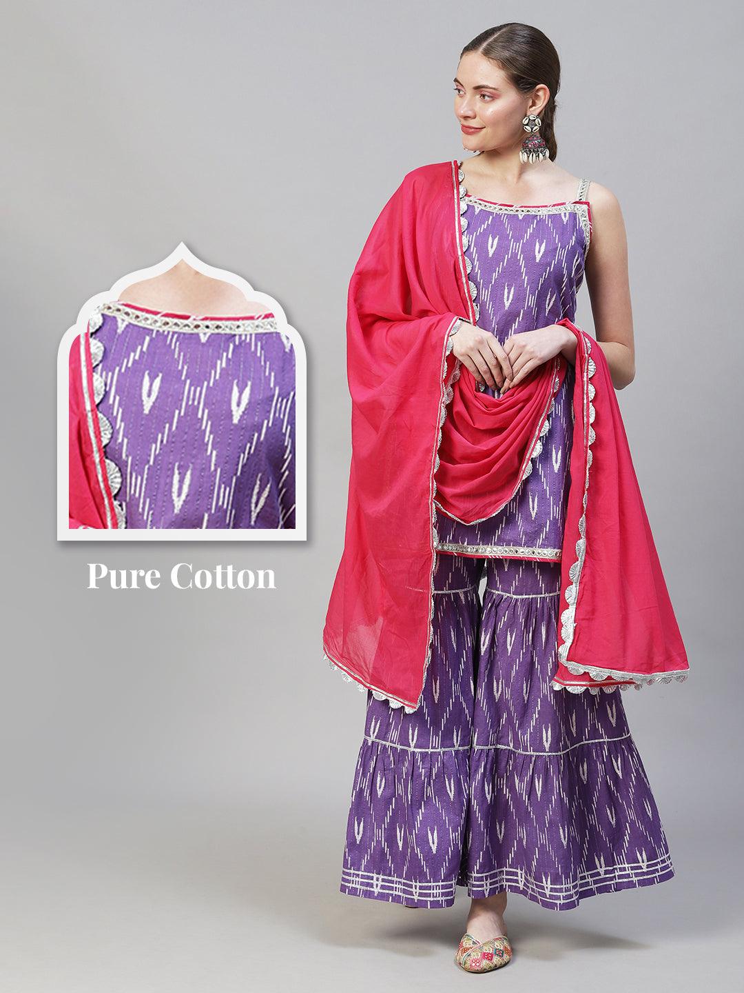 Ethnic Ikat Printed & Embroidered Straight Fit Kurta with Sharara & Dupatta - Purple - Indiakreations