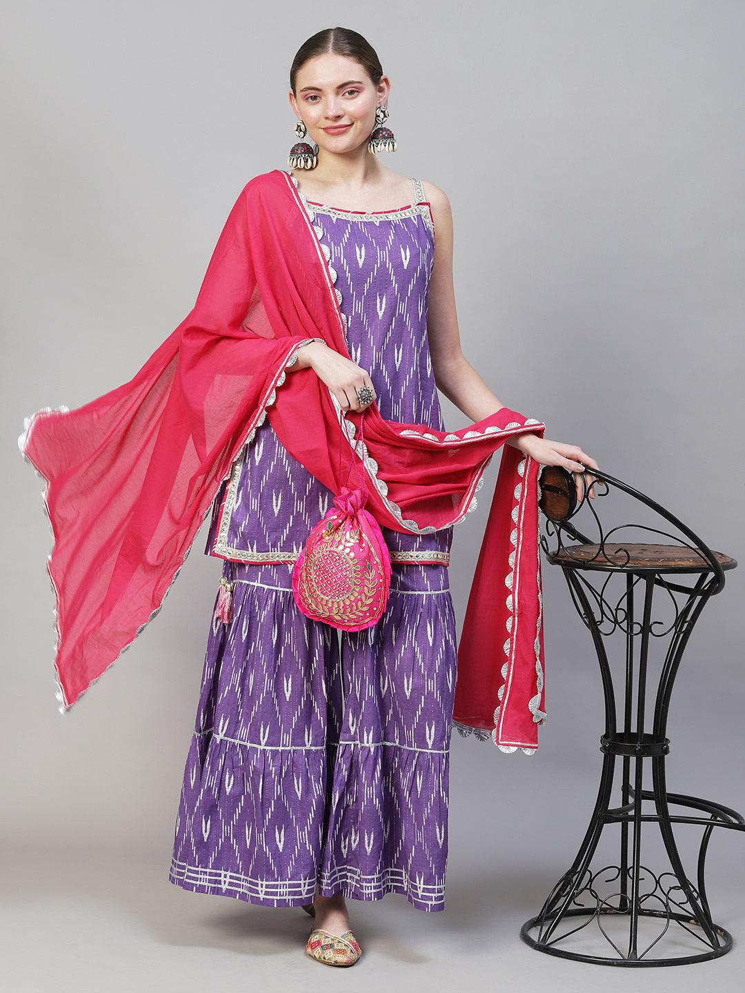 Ethnic Ikat Printed & Embroidered Straight Fit Kurta with Sharara & Dupatta - Purple - Indiakreations