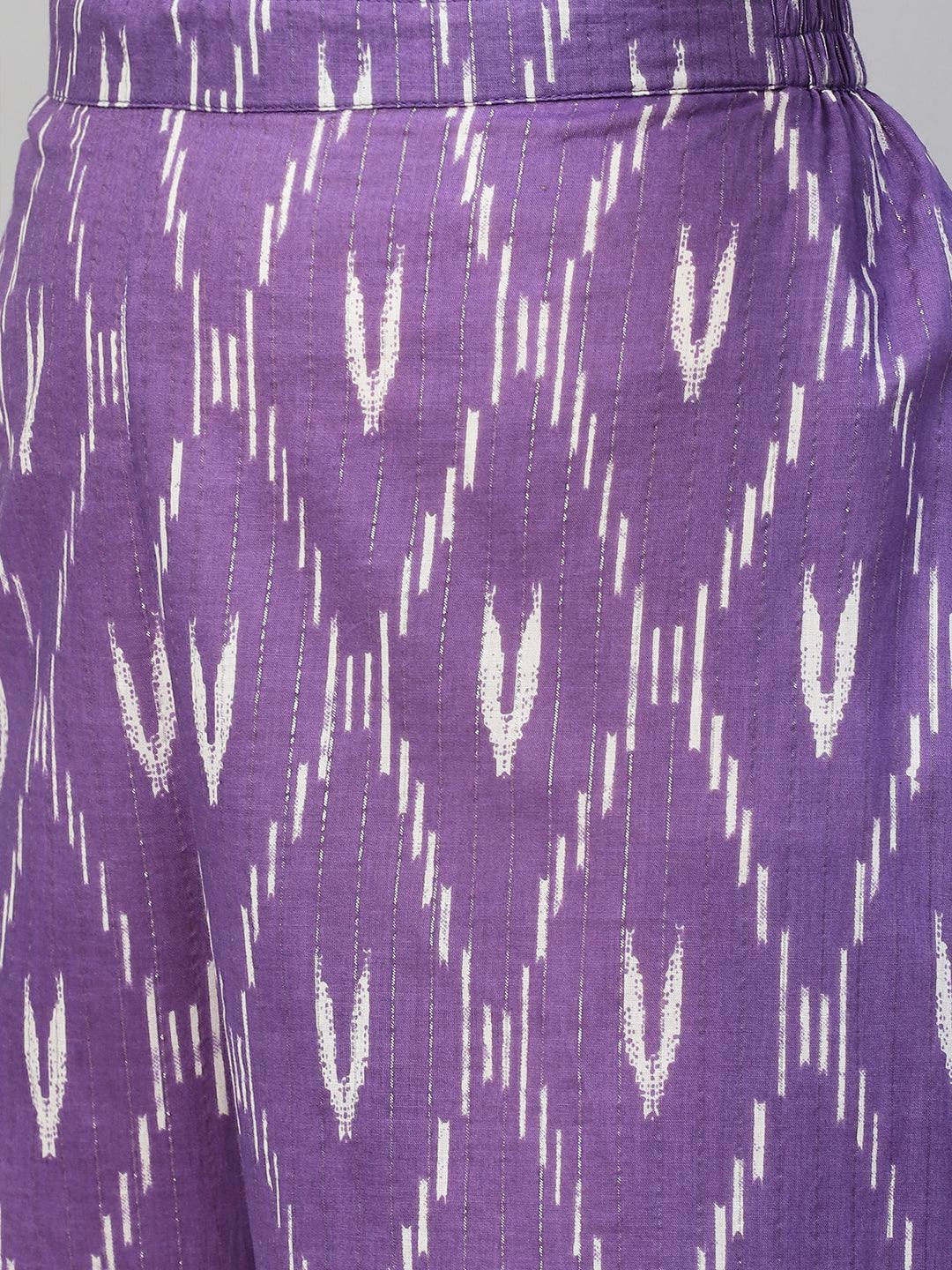 Ethnic Ikat Printed & Embroidered Straight Fit Kurta with Sharara & Dupatta - Purple - Indiakreations