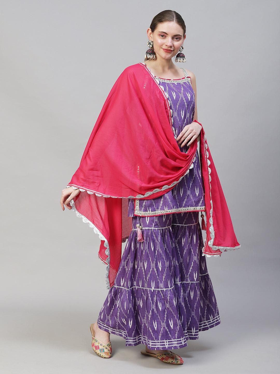 Ethnic Ikat Printed & Embroidered Straight Fit Kurta with Sharara & Dupatta - Purple - Indiakreations