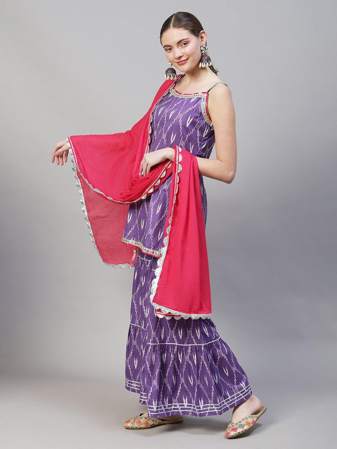 Ethnic Ikat Printed & Embroidered Straight Fit Kurta with Sharara & Dupatta - Purple - Indiakreations