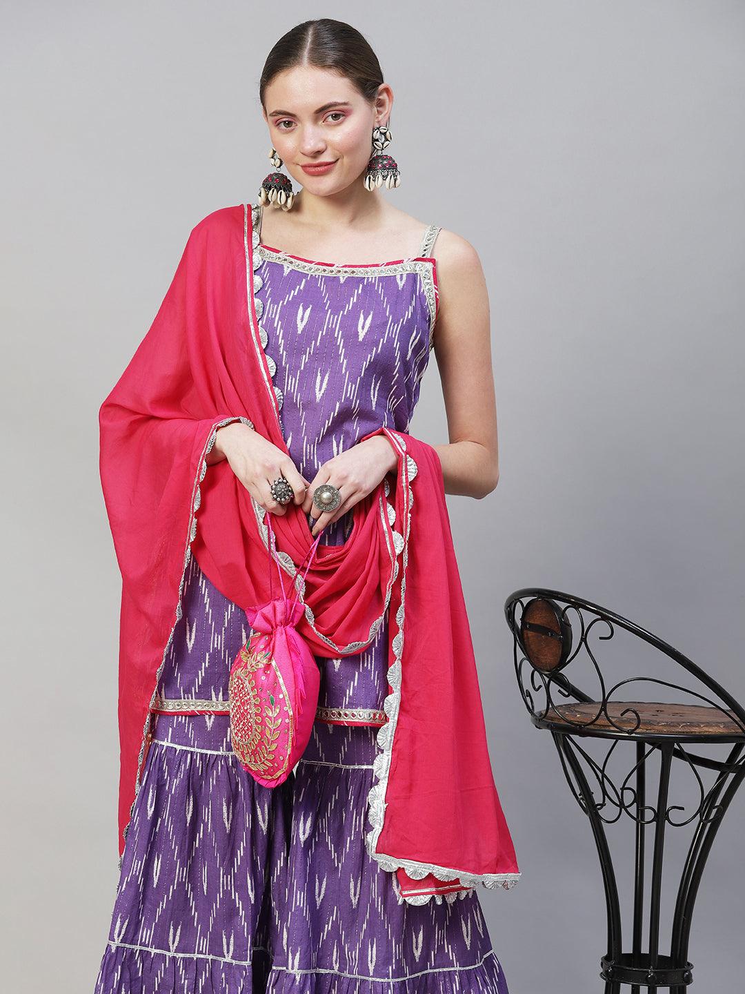 Ethnic Ikat Printed & Embroidered Straight Fit Kurta with Sharara & Dupatta - Purple - Indiakreations