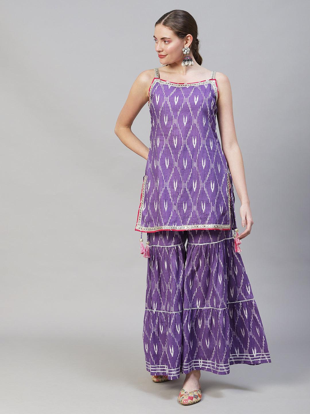 Ethnic Ikat Printed & Embroidered Straight Fit Kurta with Sharara & Dupatta - Purple - Indiakreations