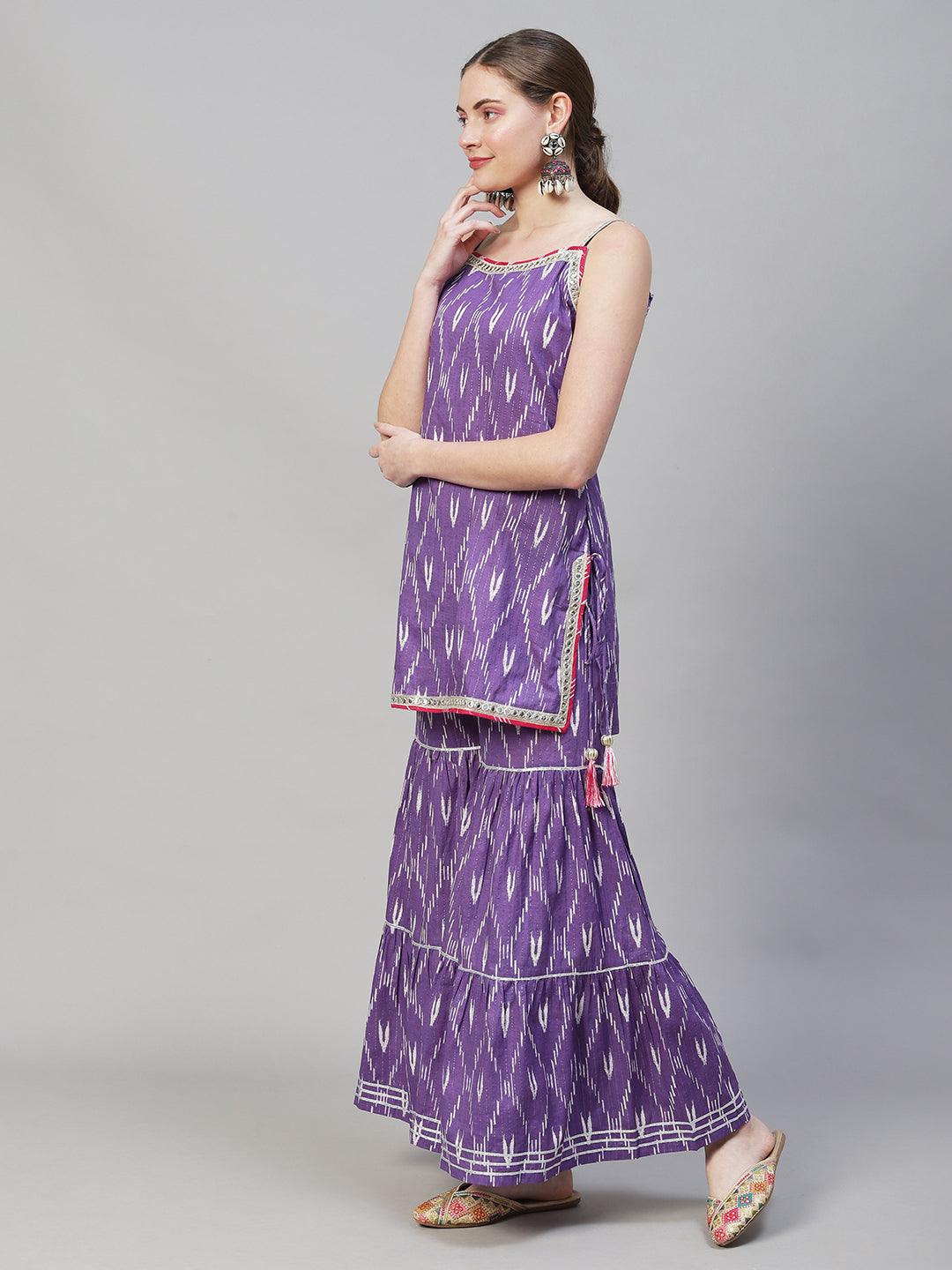 Ethnic Ikat Printed & Embroidered Straight Fit Kurta with Sharara & Dupatta - Purple - Indiakreations