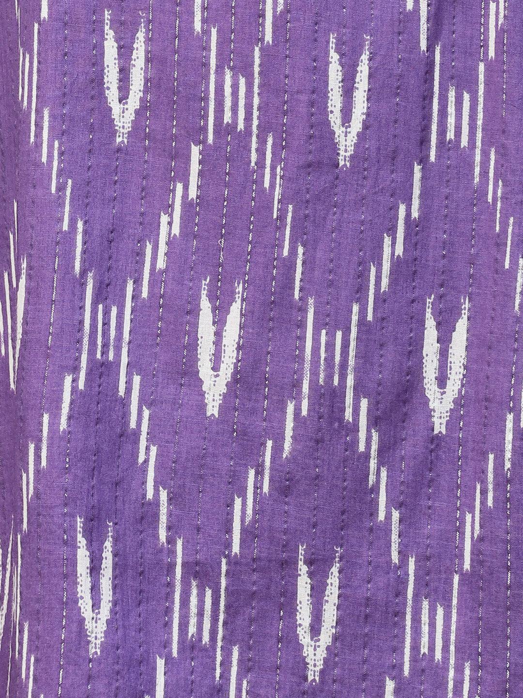 Ethnic Ikat Printed & Embroidered Straight Fit Kurta with Sharara & Dupatta - Purple - Indiakreations