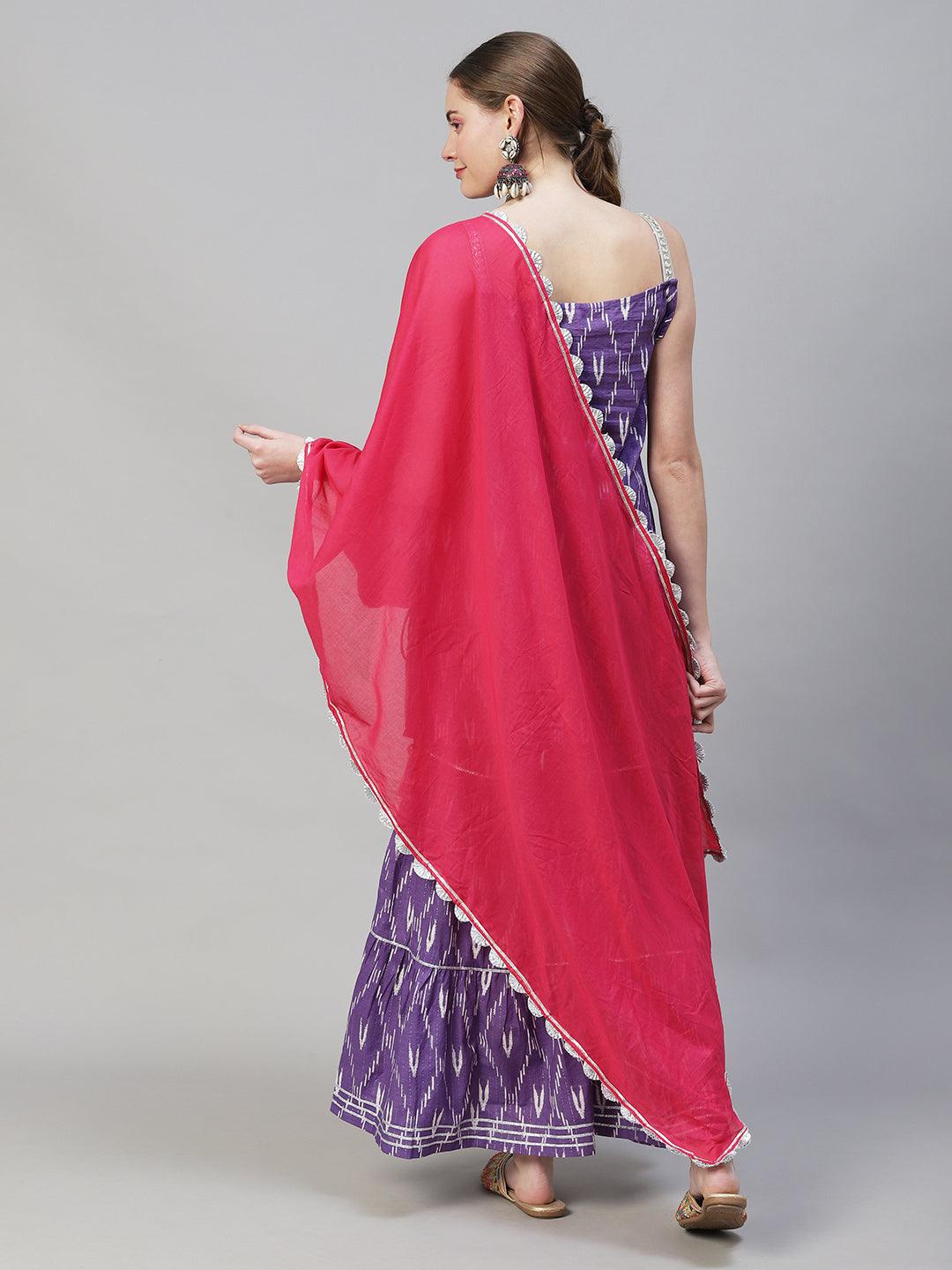 Ethnic Ikat Printed & Embroidered Straight Fit Kurta with Sharara & Dupatta - Purple - Indiakreations